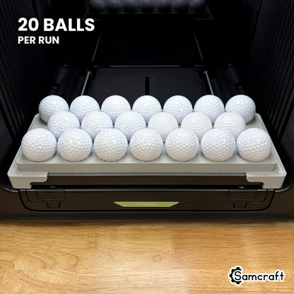 Samcraft golf ball jig for the xTool Omni loaded with twenty white golf balls, a full run in a single pass.