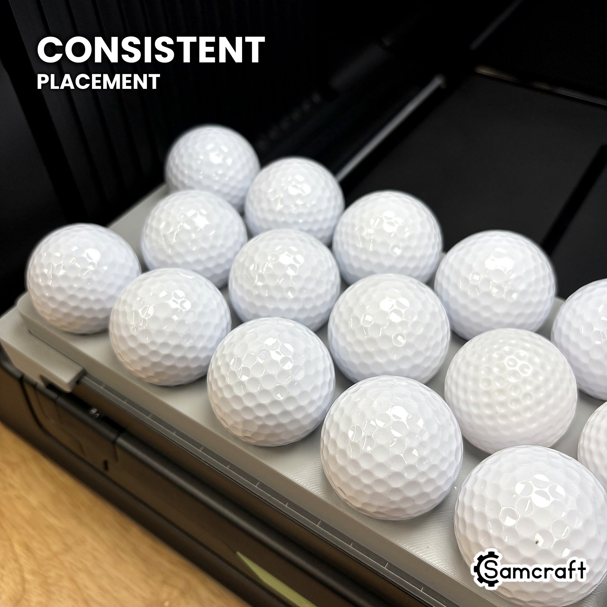 Close-up of white golf balls seated at matching height in the Samcraft xTool Omni golf ball jig for consistent print placement.