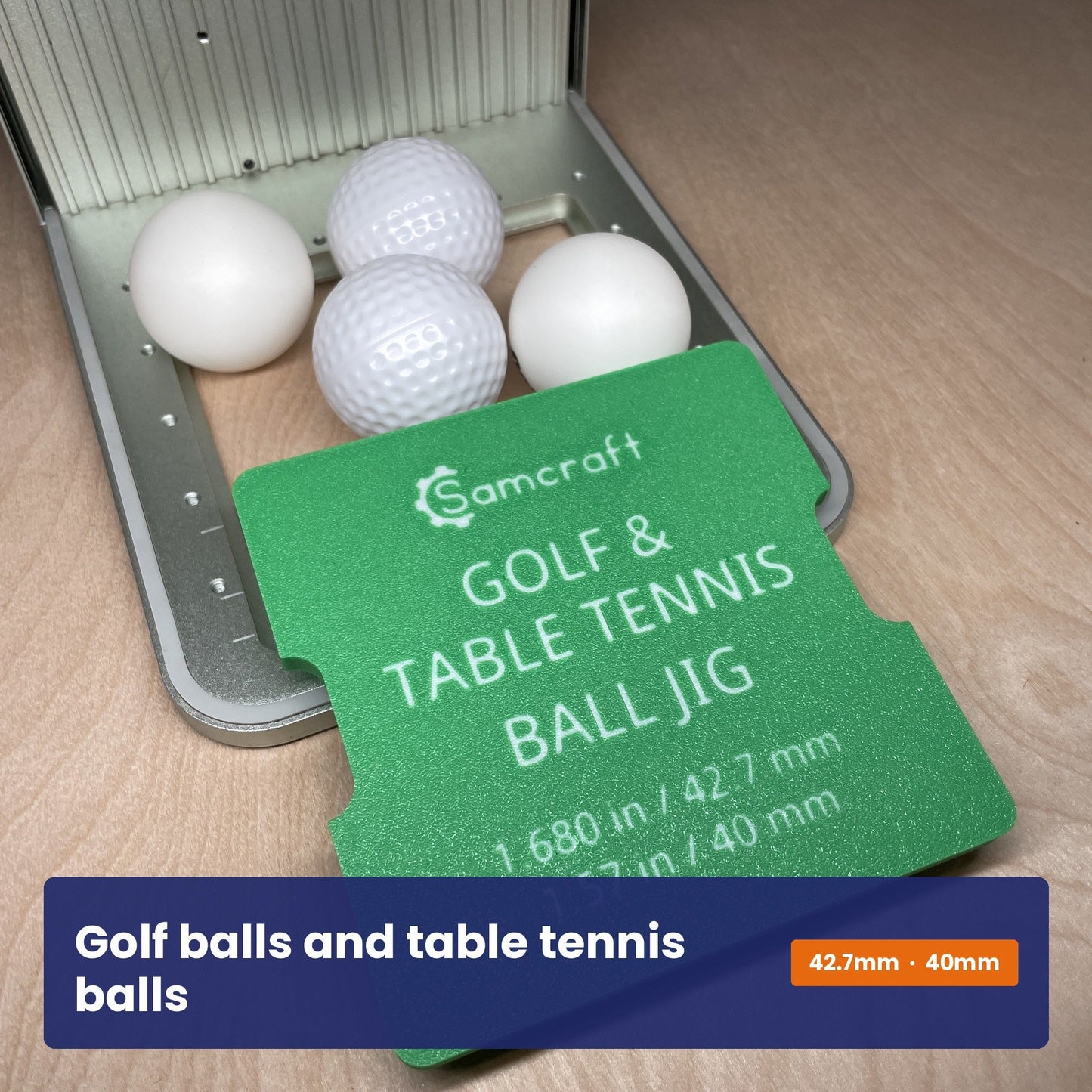 Samcraft golf and table tennis ball jig shown beside three white balls, with both ball sizes marked on the jig.