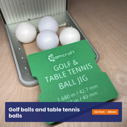 Samcraft golf and table tennis ball jig shown beside three white balls, with both ball sizes marked on the jig.