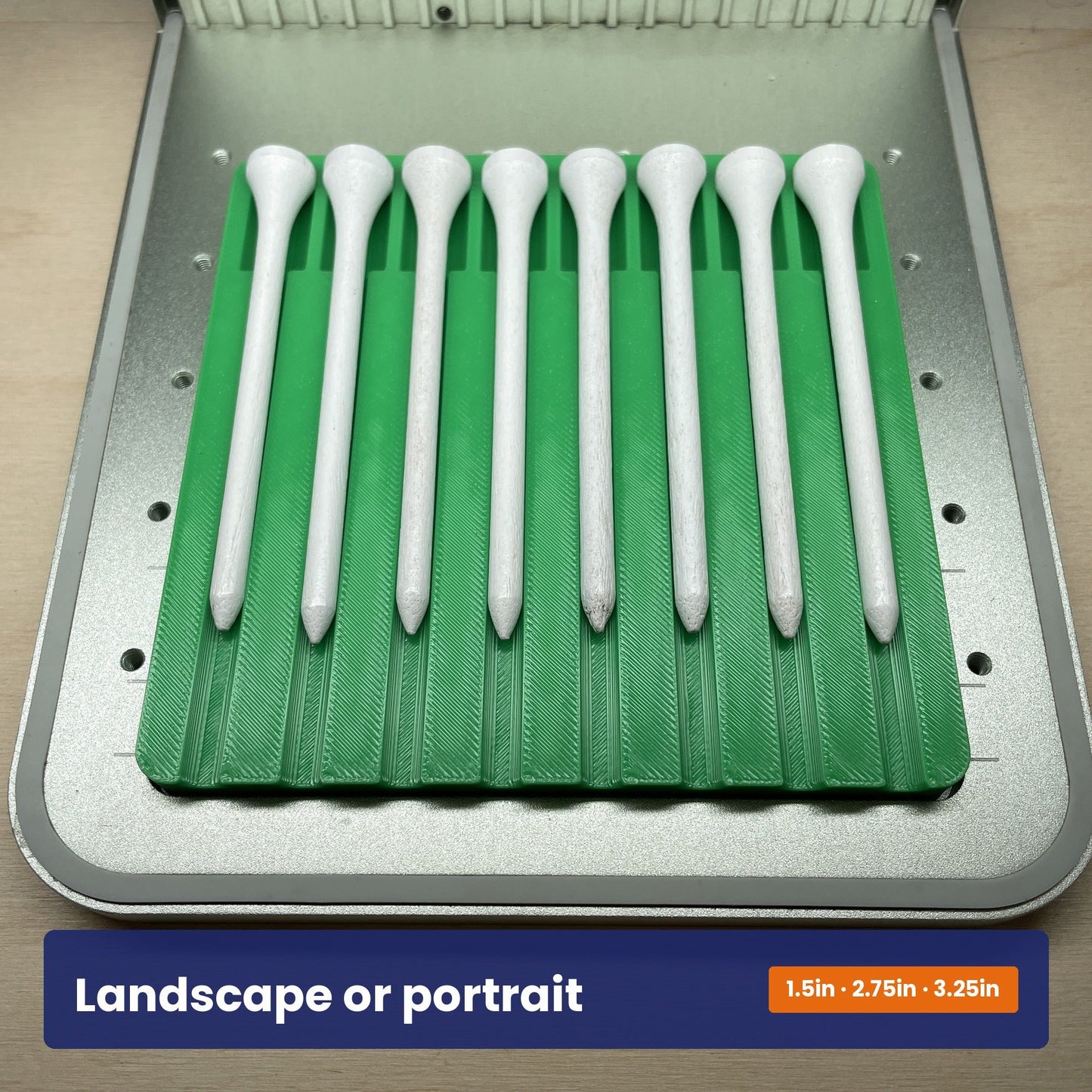 Samcraft golf tee jig holding nine white tees turned upright, showing the jig works in portrait as well as landscape.