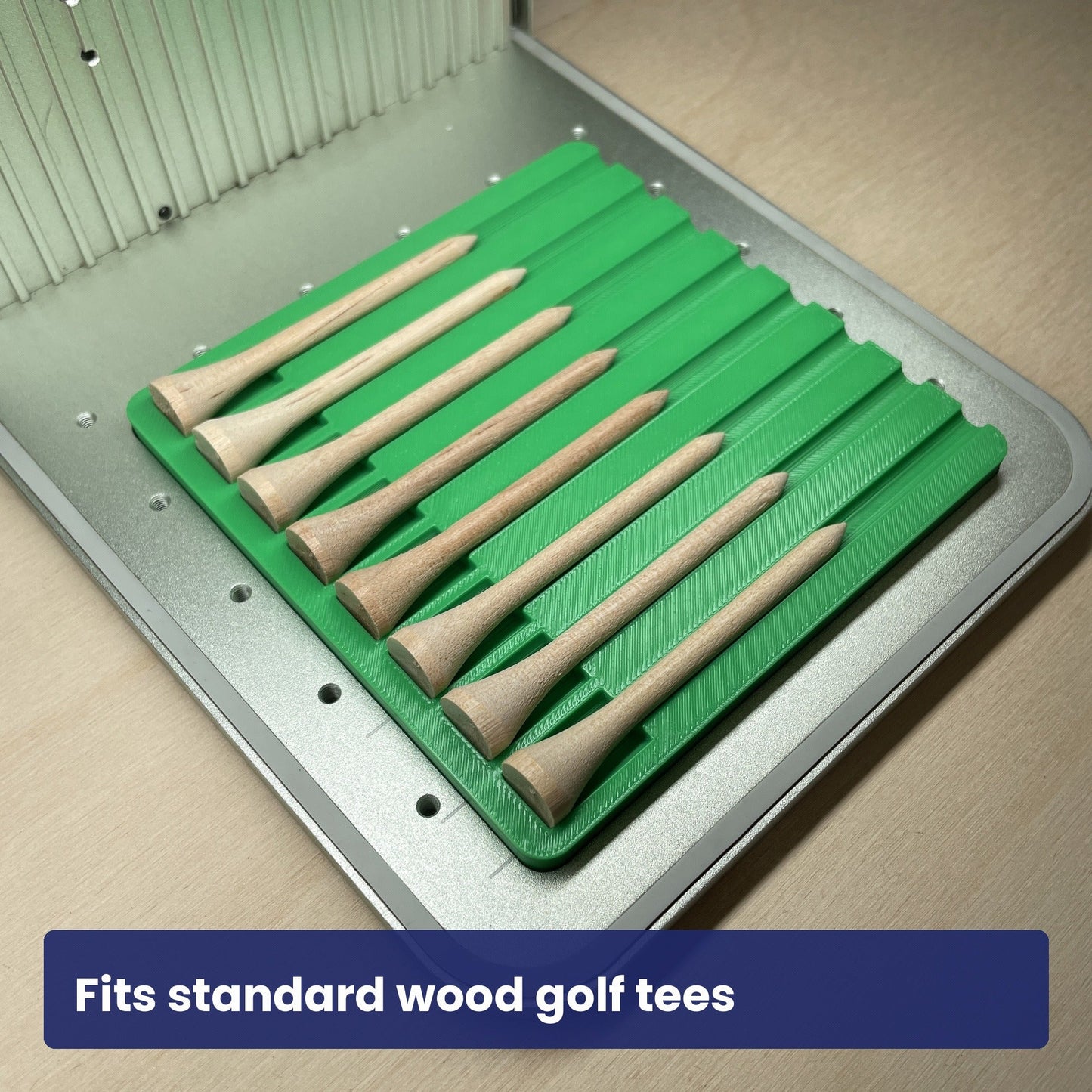 Samcraft golf tee jig loaded with natural wood golf tees.