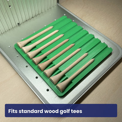 Samcraft golf tee jig loaded with natural wood golf tees.
