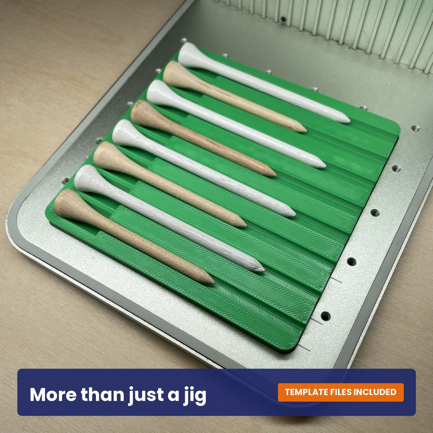Samcraft golf tee jig holding a mix of white and natural wood golf tees, showing it takes both styles.