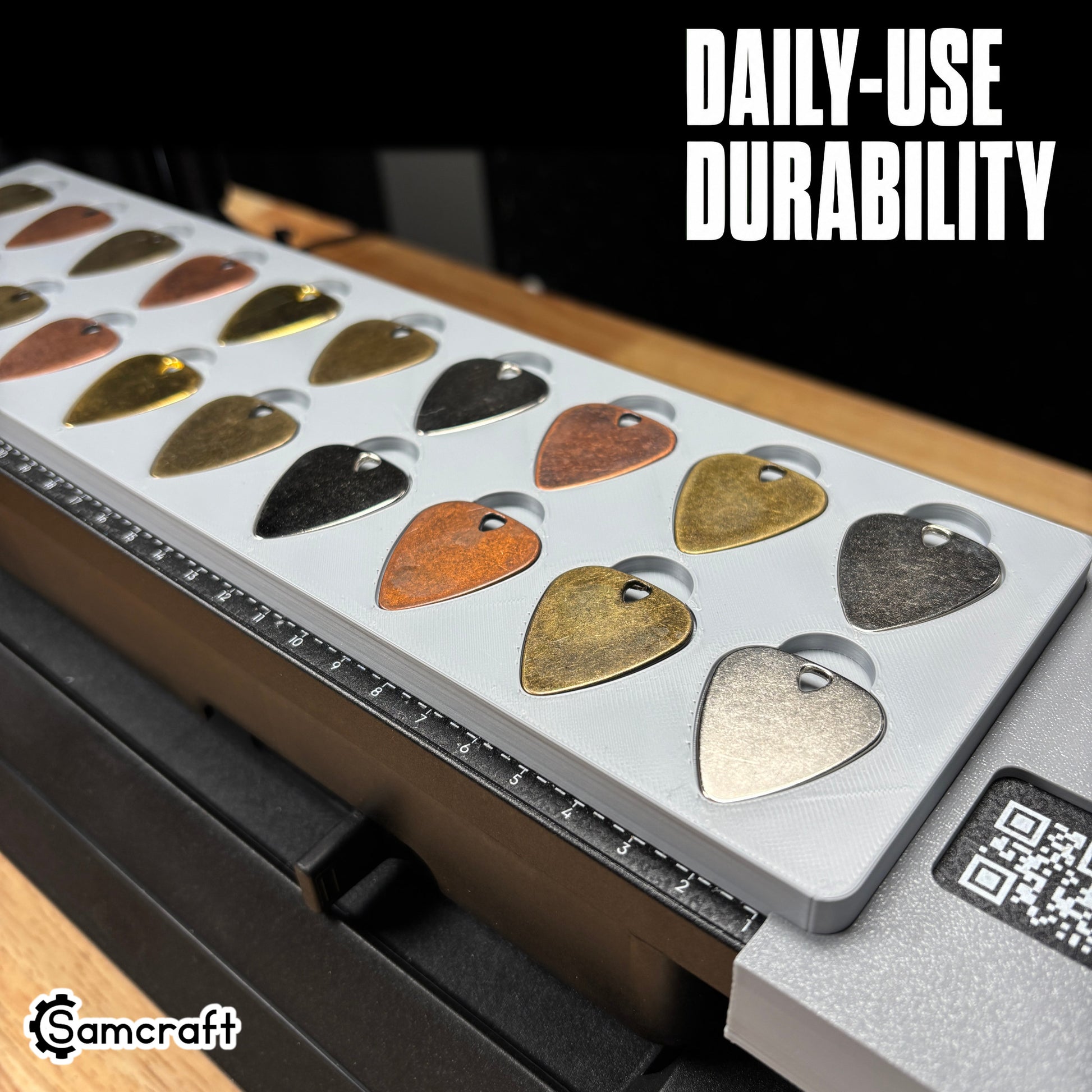 guitar-pick-jig-eufymake-daily-use-durability.jpg

Guitar Pick Jig for the eufyMake E1 — metal guitar picks in copper, brass, gunmetal, and silver finishes resting in the gray one-piece tray with built-in alignment ruler and QR code, built for daily-use durability.