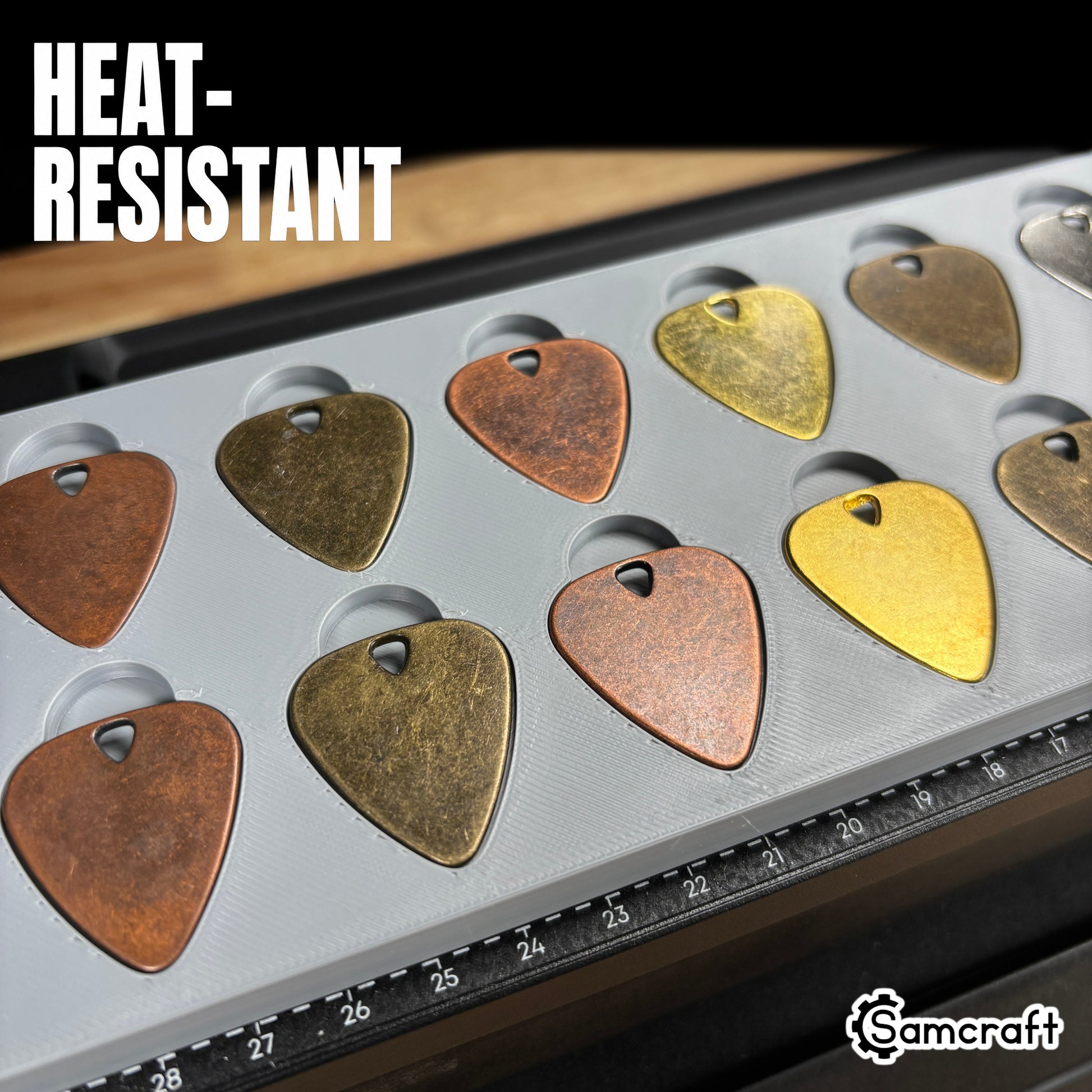 guitar-pick-jig-eufymake-heat-resistant-design.jpg

Guitar Pick Jig for the eufyMake E1 — close-up of metal guitar picks in copper, brass, and bronze finishes in the gray 3D-printed tray with the built-in ruler, highlighting the heat-resistant material.