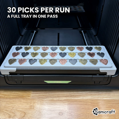 Samcraft guitar pick jig for the xTool Omni holding thirty guitar picks, a full tray printed in one job.