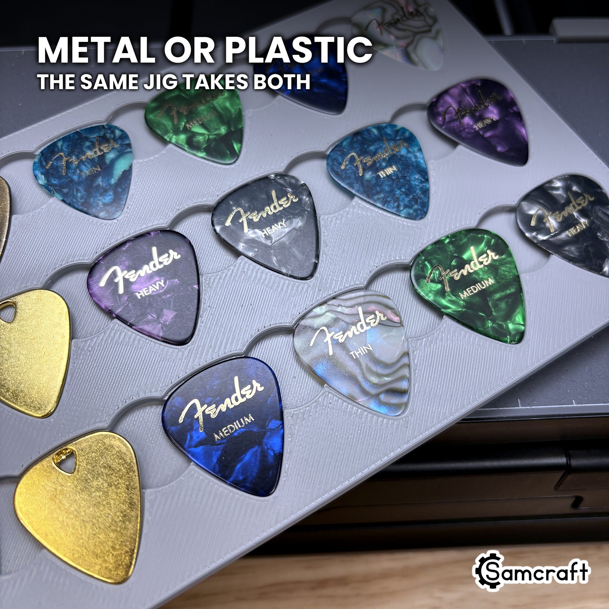 Metal blank picks and celluloid picks seated together in the Samcraft xTool Omni guitar pick jig.