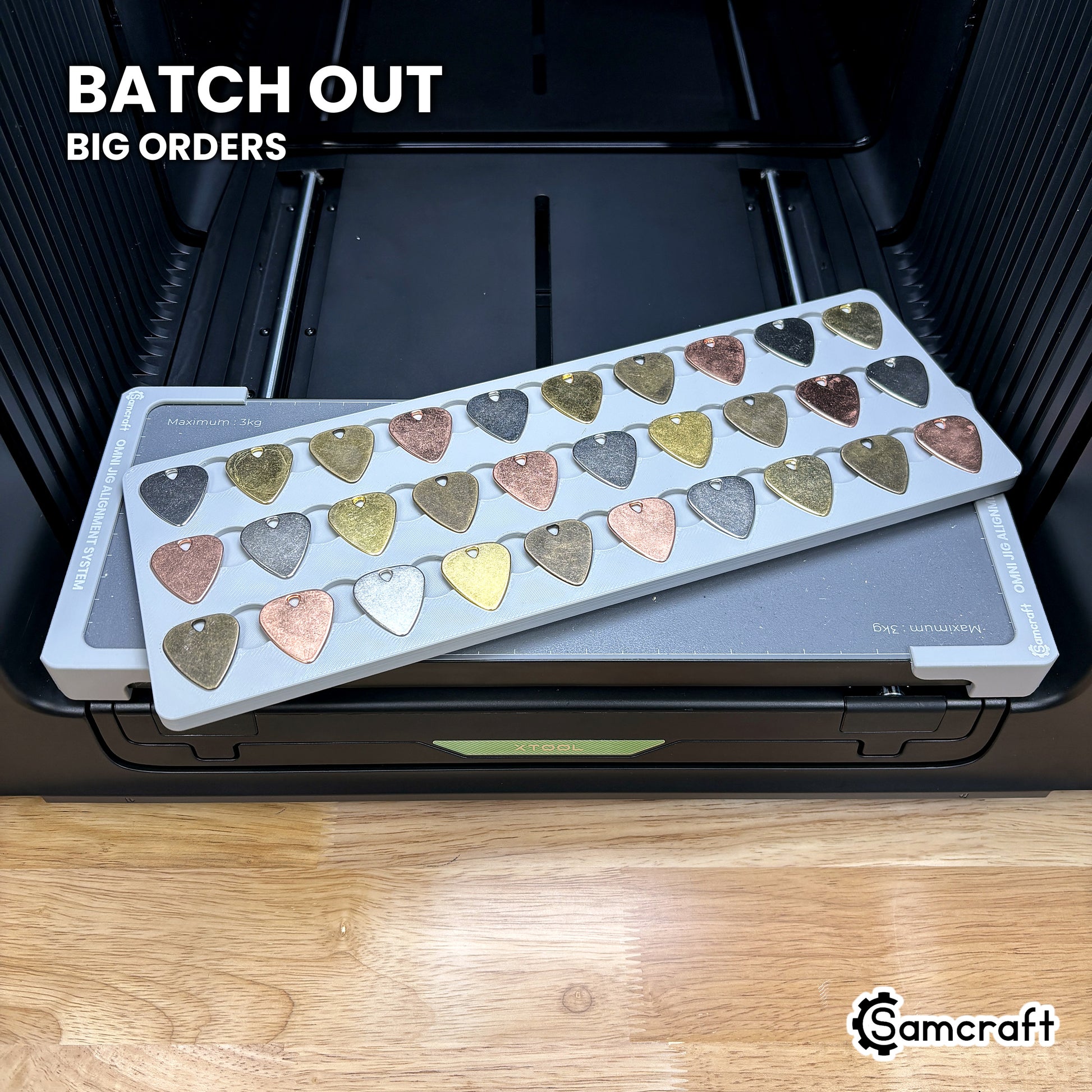 Samcraft xTool Omni guitar pick jig filled with printed picks, ready for band, merch and gift batch orders.