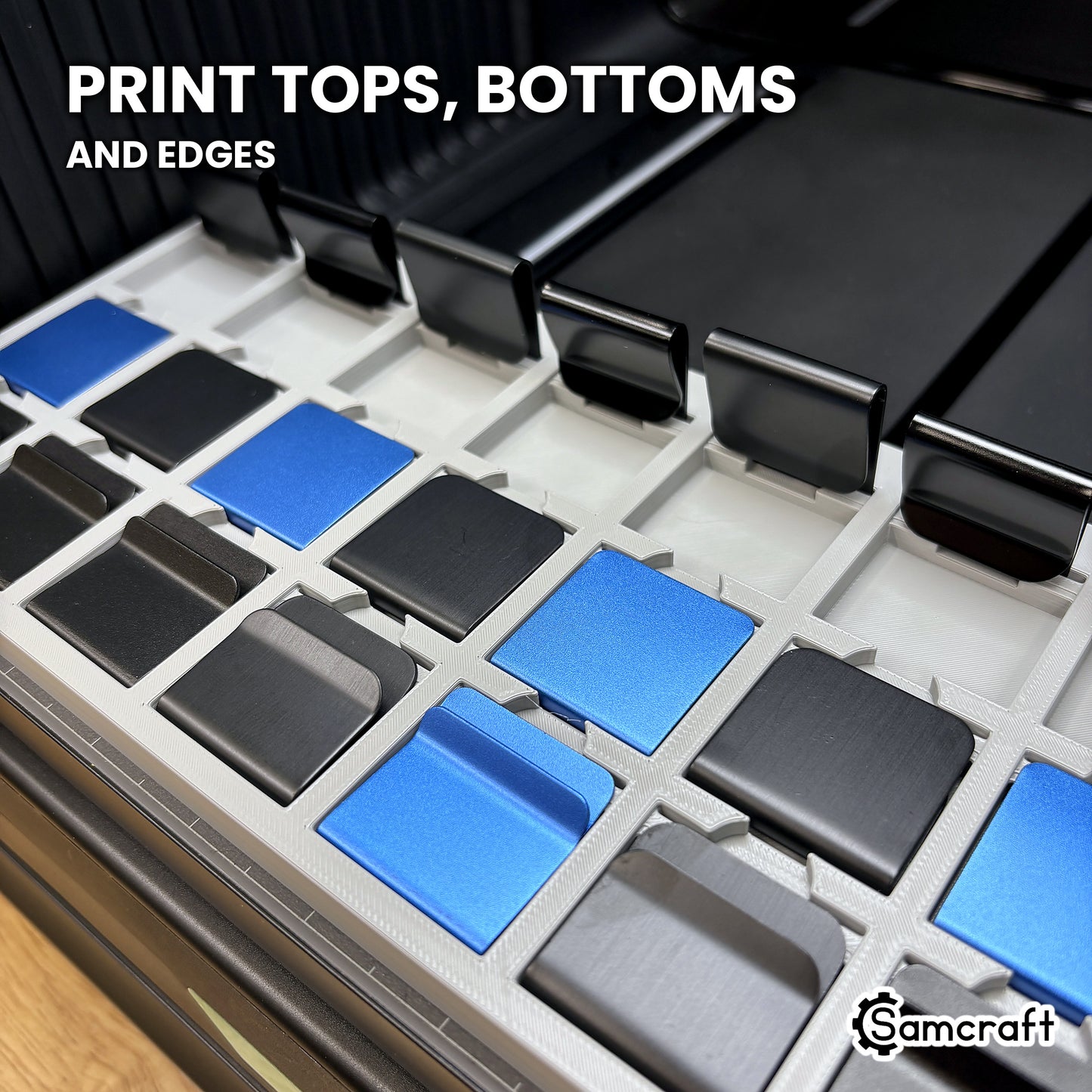 Hat brim clips seated three ways in the Samcraft xTool Omni jig: flat for the top face, flipped for the underside, and standing on end to print the edge.