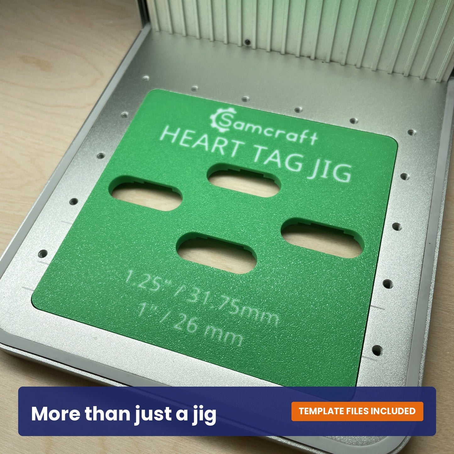 Samcraft heart pet tag jig with the Samcraft logo and the one inch and one and a quarter inch tag sizes marked on it.