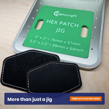 Samcraft hex patch jig shown beside two black hexagonal leatherette patches.