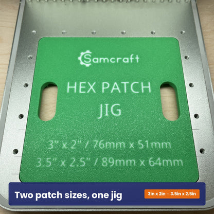 Face of the Samcraft hex patch jig showing the Samcraft logo and both patch sizes it accepts.