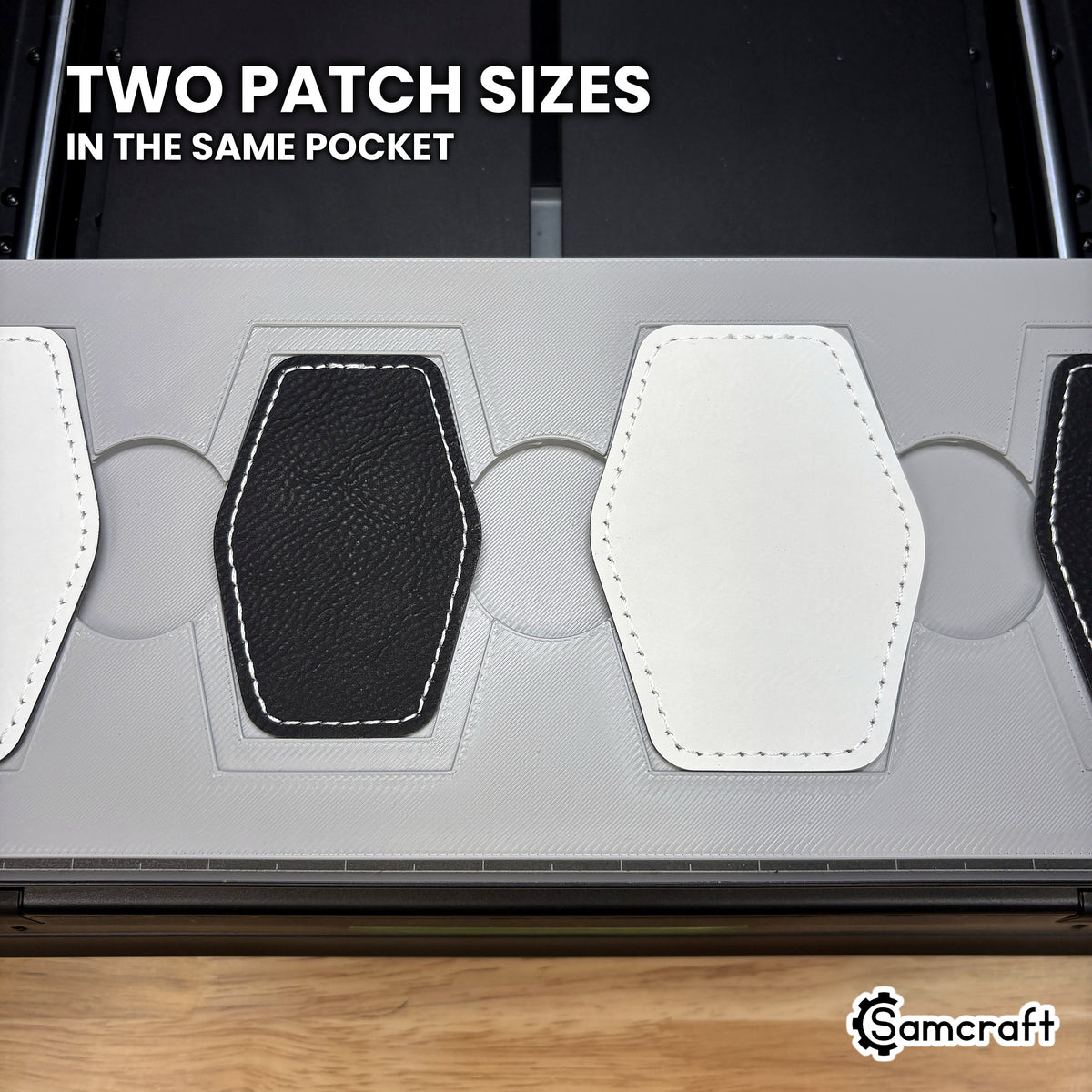 Two sizes of hexagon leatherette patch shown side by side in the Samcraft xTool Omni jig, both seated from the same nested pocket.
