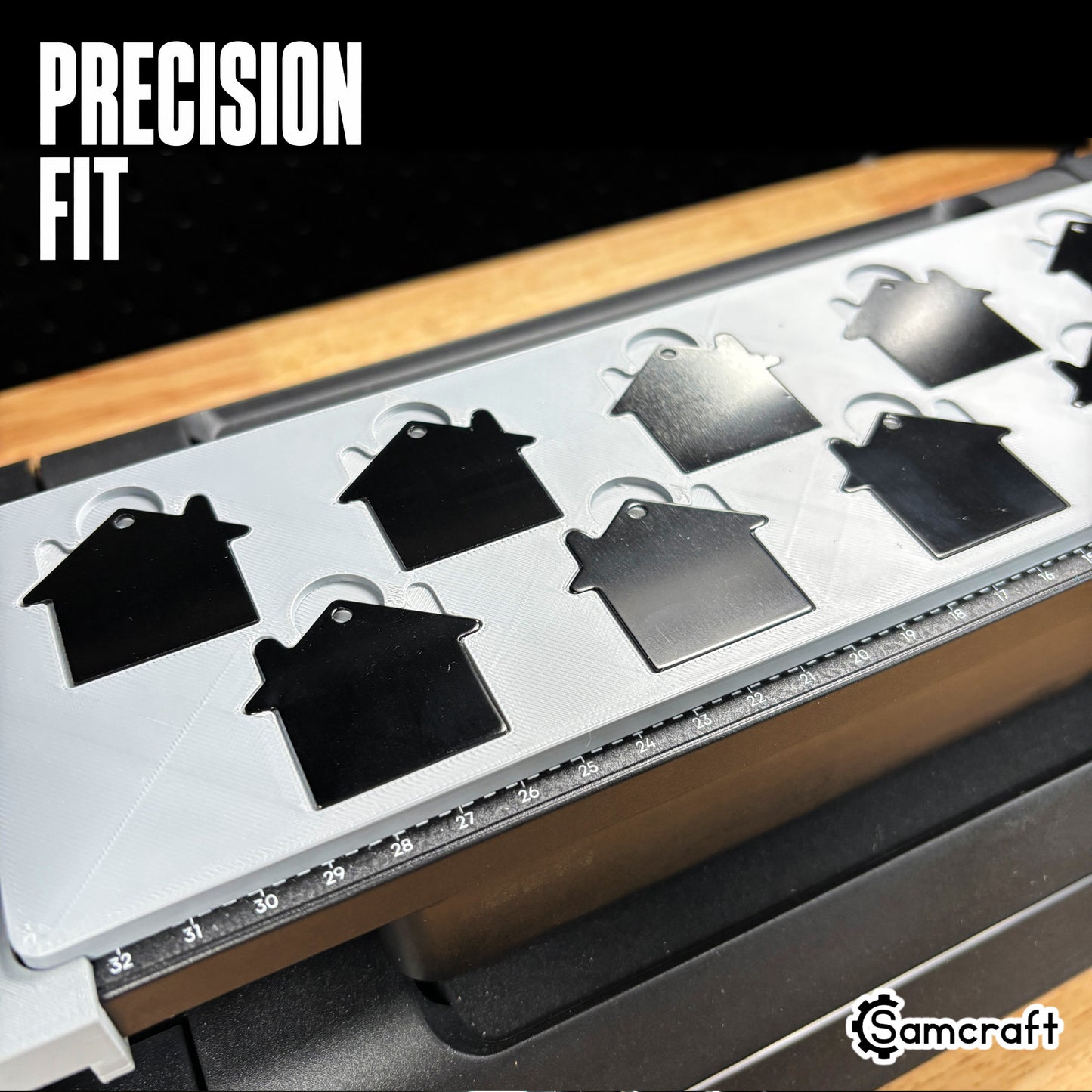 Detail of black and silver house-shaped keychain tags seated in the Samcraft jig's precision-fit pockets, showing tight tolerance and built-in ruler on the eufyMake E1.