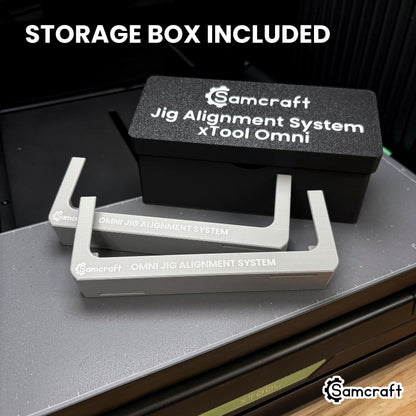 Both Samcraft Omni Jig Alignment System pieces laid out in front of the printed storage box they ship in, its lid labeled Samcraft Jig Alignment System xTool Omni.