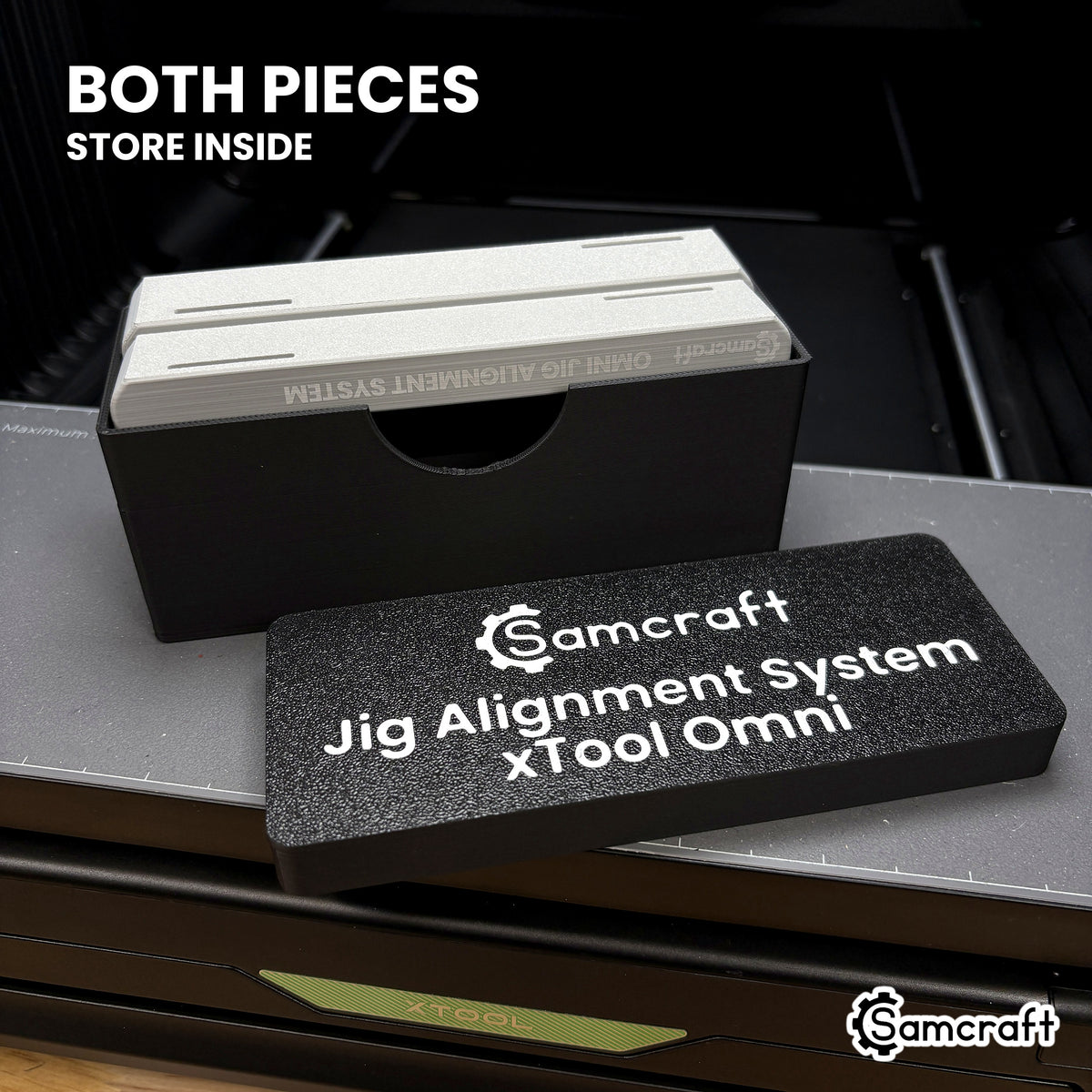 Both Samcraft Omni Jig Alignment System pieces nested inside their printed storage box, with the labeled lid set in front of it.