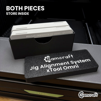 Both Samcraft Omni Jig Alignment System pieces nested inside their printed storage box, with the labeled lid set in front of it.