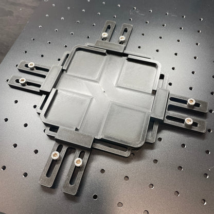Samcraft jig baseplate mounted on a ComMarker galvo laser bed, ready to accept a jig.