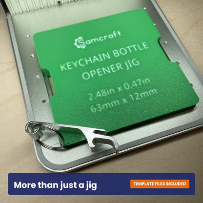 Samcraft keychain bottle opener jig shown beside a metal opener, with the 63 by 12 millimetre size marked on it.