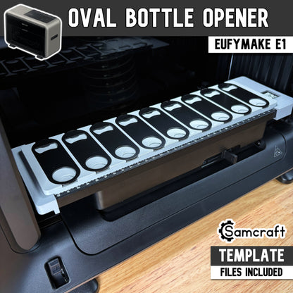 Oval Metal Bottle Opener Keychain Jig for the eufyMake E1 — gray one-piece 3D-printed tray holding nine black oval bottle openers on the printer bed with built-in alignment ruler, template files included.