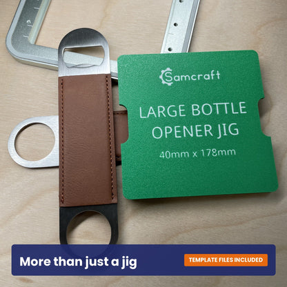 Samcraft large bottle opener jig shown beside a brown leather bottle opener, with the opener size marked on the jig.