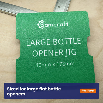 Face of the Samcraft large bottle opener jig showing the Samcraft logo and the 40 by 178 millimetre opener size.