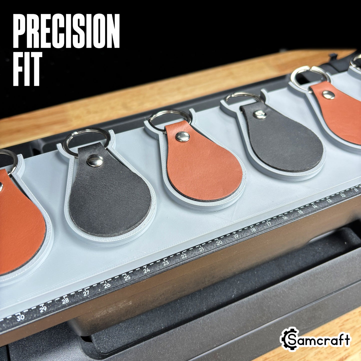 leather-key-fob-jig-eufymake-precision-fit.jpg

Leather Key Fob Jig for the eufyMake E1 — close-up showing teardrop leather key fobs in black and cognac sitting flush in the recessed pockets of the gray 3D-printed tray, with the built-in measurement ruler visible, demonstrating a precision fit.