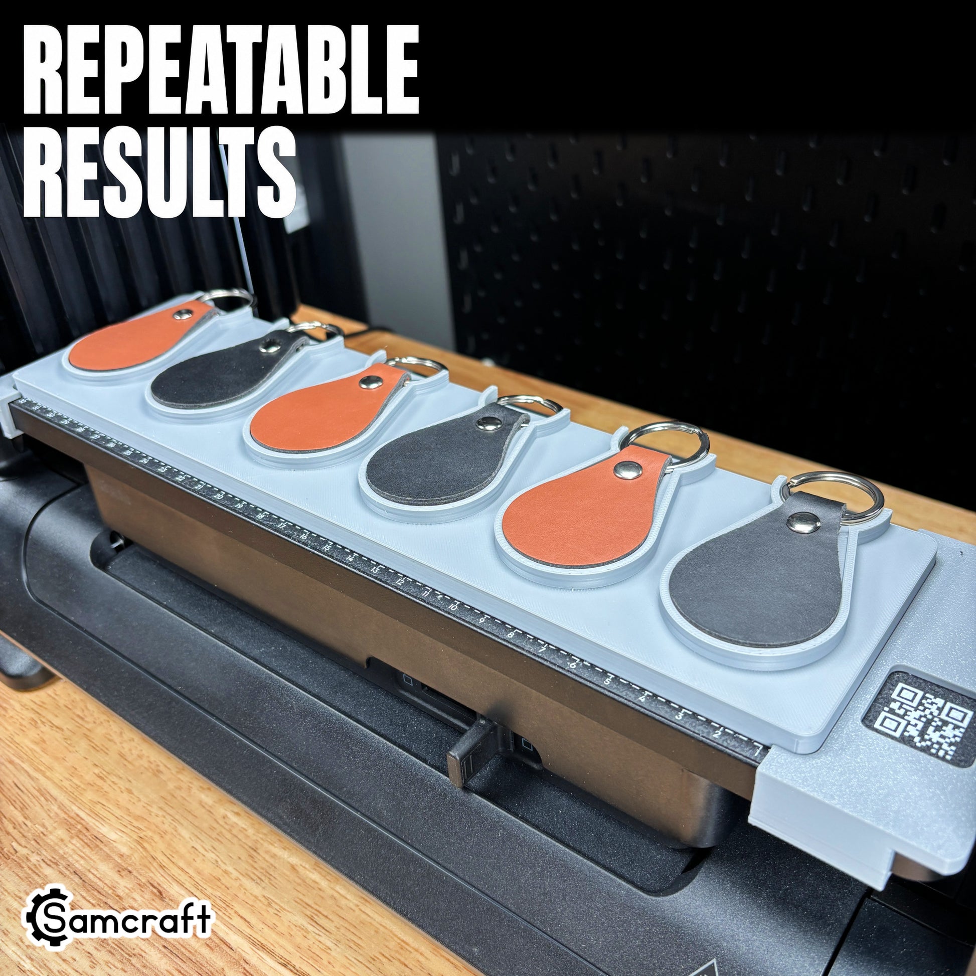 leather-key-fob-jig-eufymake-repeatable-results.jpg

Leather Key Fob Jig for the eufyMake E1 — angled view of six teardrop leather key fobs in cognac and black held in the gray 3D-printed tray with built-in alignment ruler, positioned for repeatable, consistent print results.