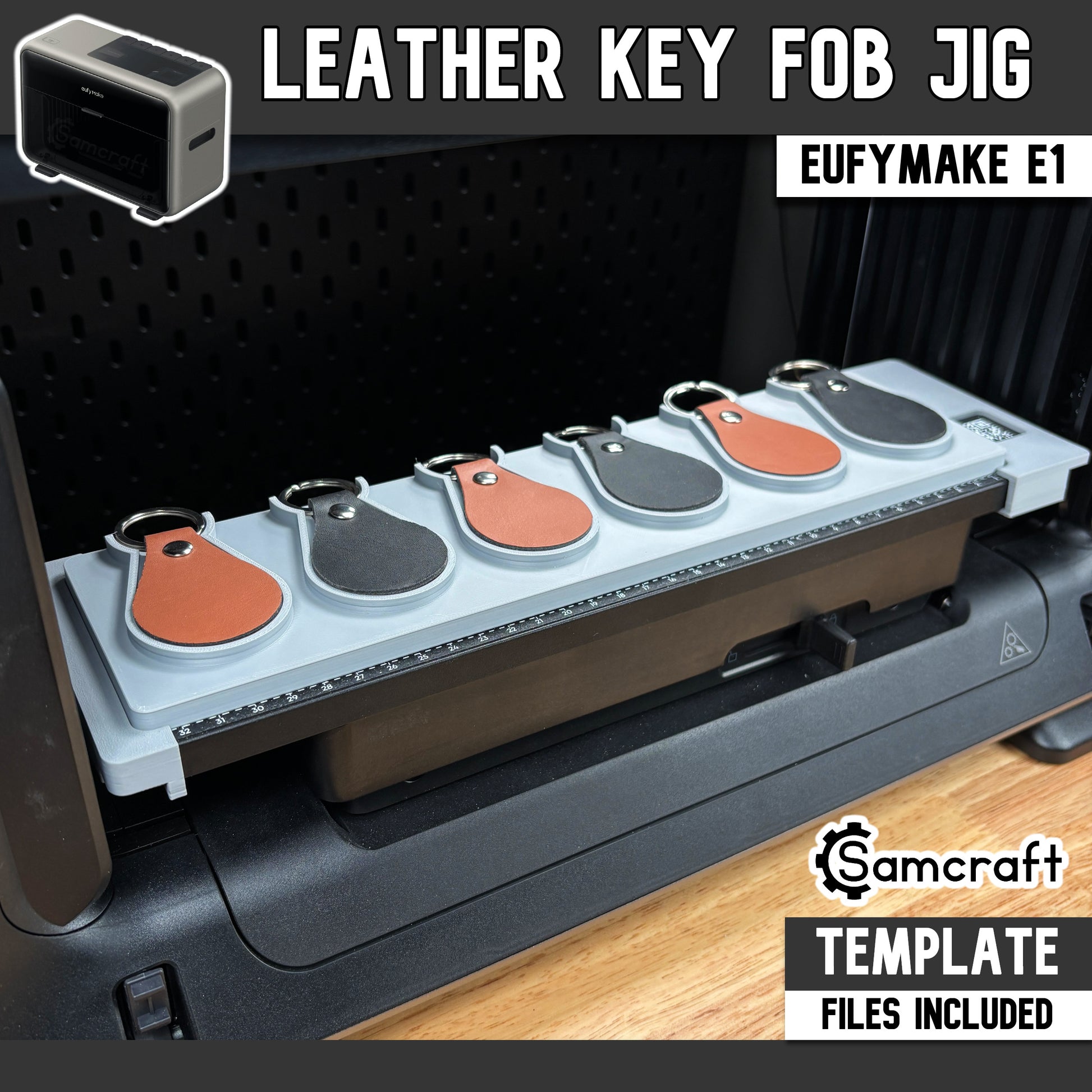 leather-key-fob-jig-eufymake-samcraft.jpg

Leather Key Fob Jig for the eufyMake E1 UV printer — gray one-piece 3D-printed tray holding six teardrop-shaped leather key fobs in cognac and black, each with a riveted key ring, seated in molded pockets with a built-in alignment ruler along the front edge; template files included.