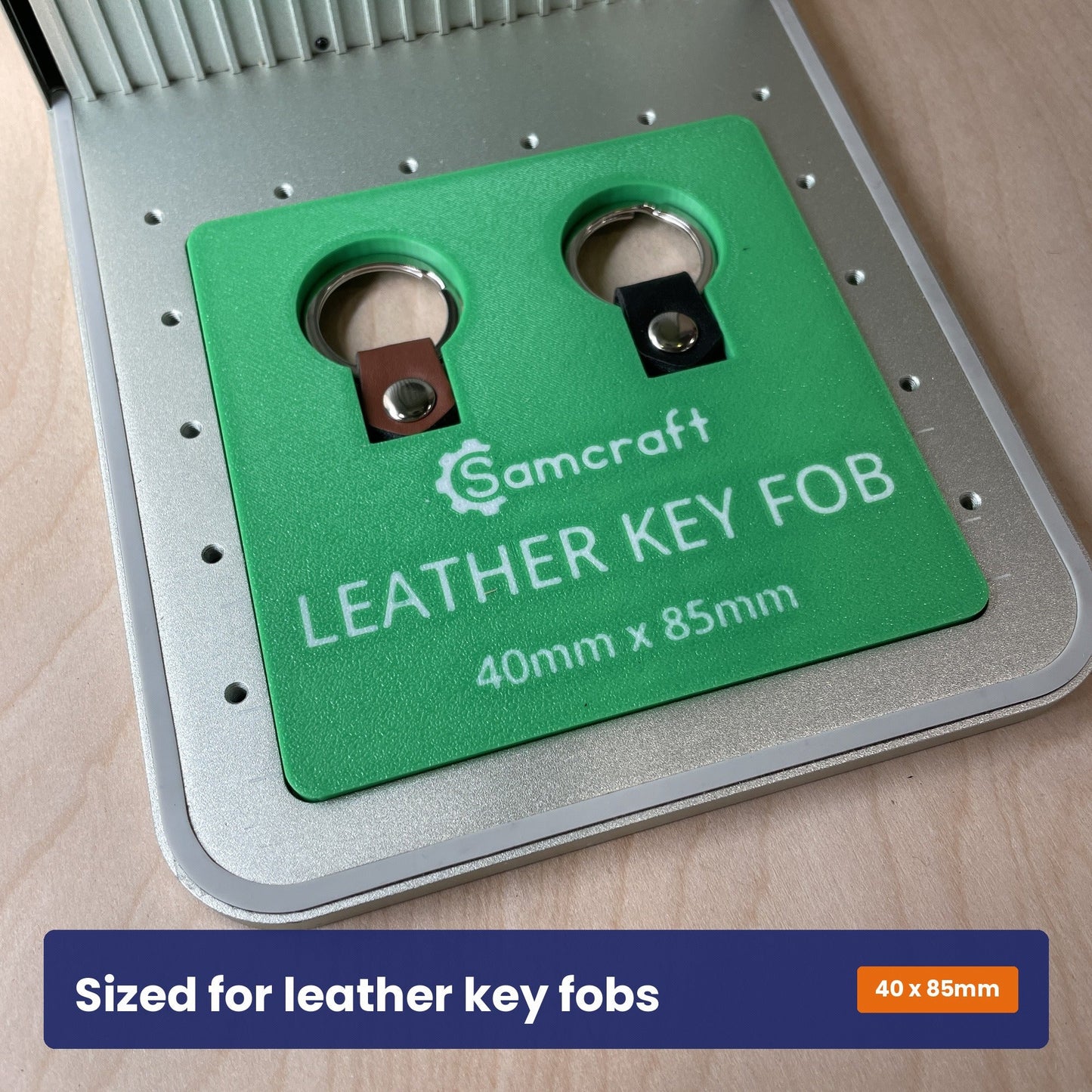 Samcraft leather key fob jig showing the recess sized for 40 by 85 millimetre fobs.