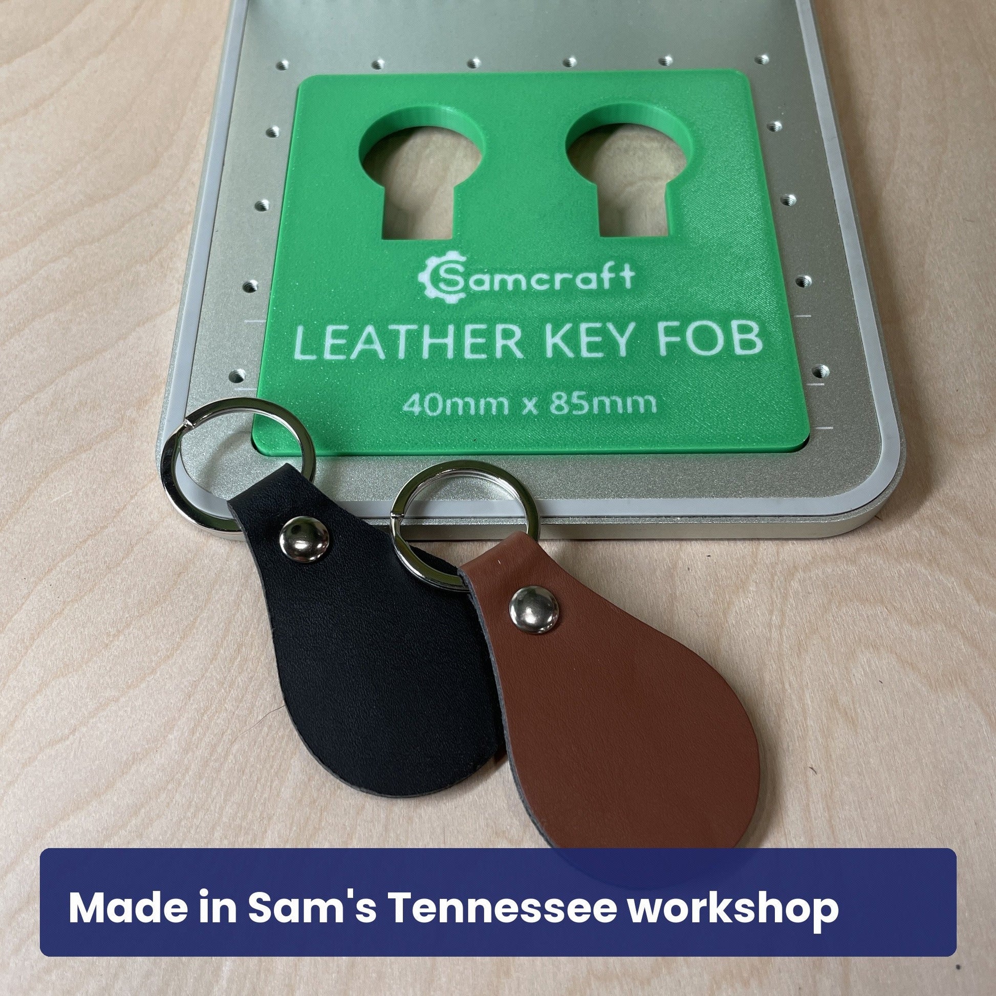 Close view of the Samcraft leather key fob jig in the xTool F1 laser bed.