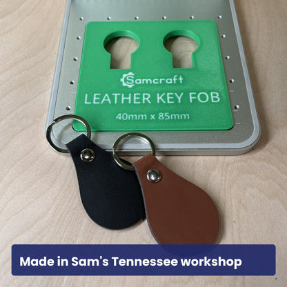 Close view of the Samcraft leather key fob jig in the xTool F1 laser bed.