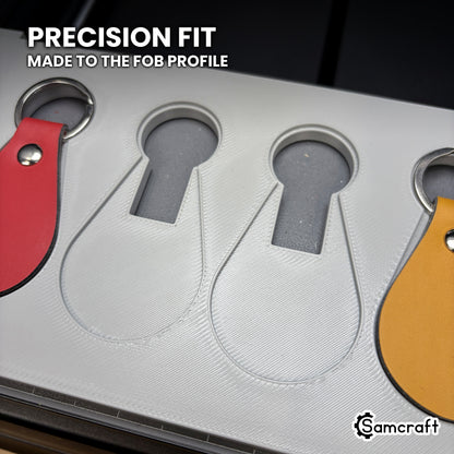 Close-up of the empty teardrop pockets in the Samcraft leather key fob jig, each with a round recess at the top for the split ring.