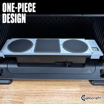 Samcraft Leather/Silicone Drink Coaster Jig holding round and square black leather coasters in a one-piece gray 3D-printed tray on the eufyMake E1 UV printer.