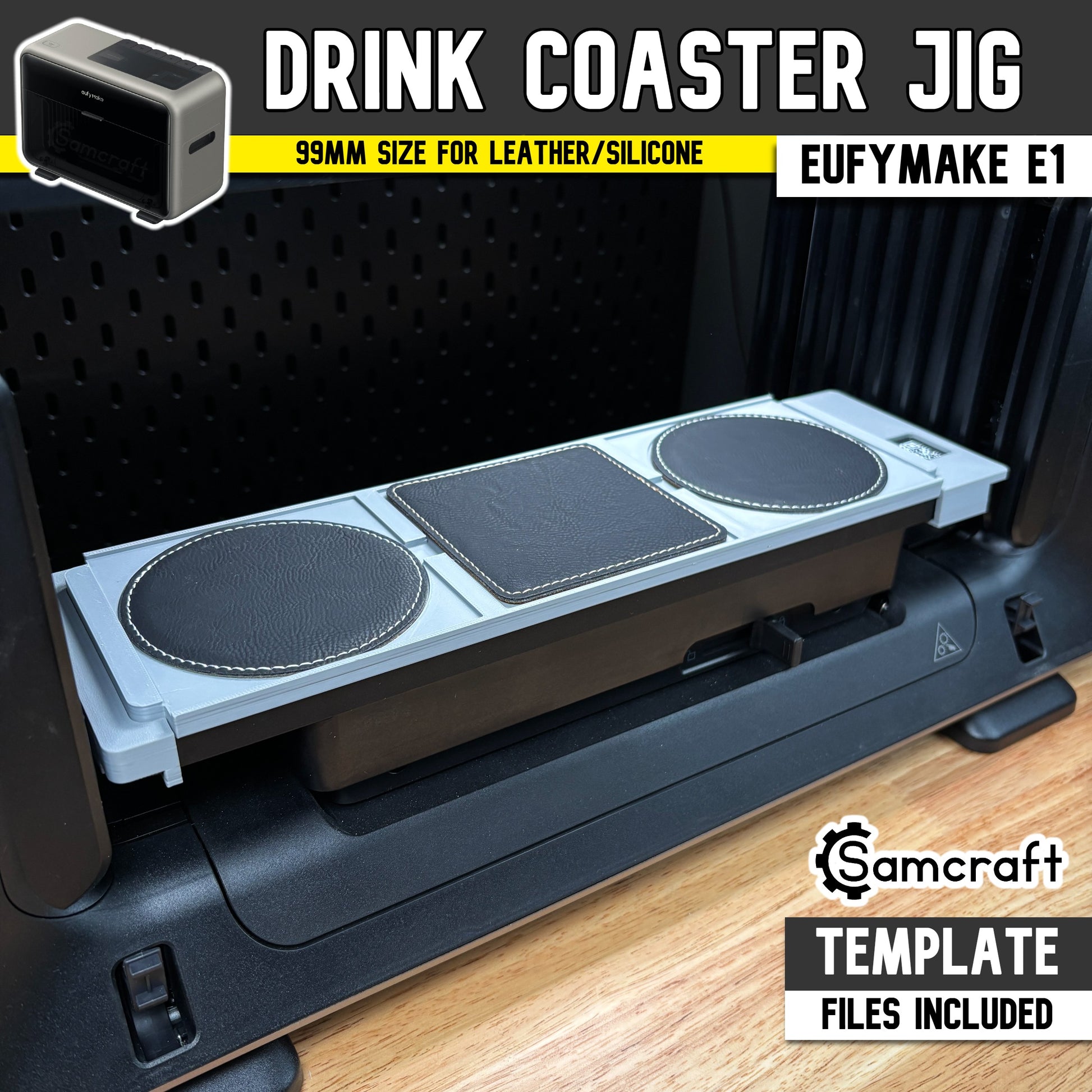 Main product image of the Samcraft Leather/Silicone Drink Coaster Jig (99mm) for the eufyMake E1 UV printer, showing round and square black leather coasters in a gray tray; template files included.
