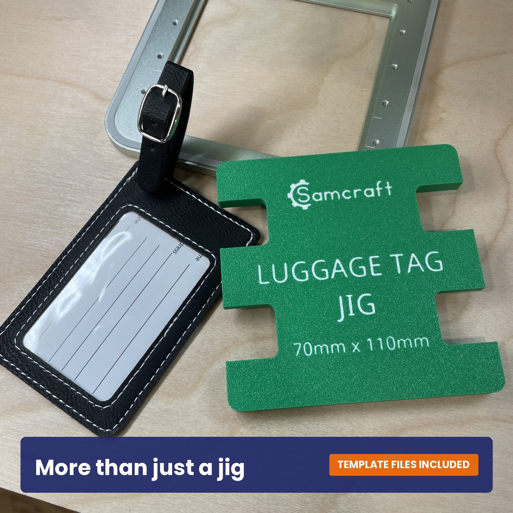 Samcraft luggage tag jig shown beside a black leatherette luggage tag, with the tag size marked on the jig.
