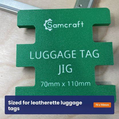 Face of the Samcraft luggage tag jig showing the Samcraft logo and the 70 by 110 millimetre tag size.