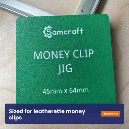 Face of the Samcraft leatherette money clip jig showing the Samcraft logo and the 45 by 64 millimetre clip size.