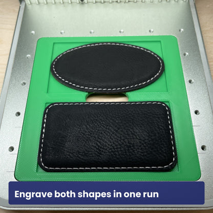 Samcraft magnetic badge jig with an oval and a rectangular badge in their recesses.