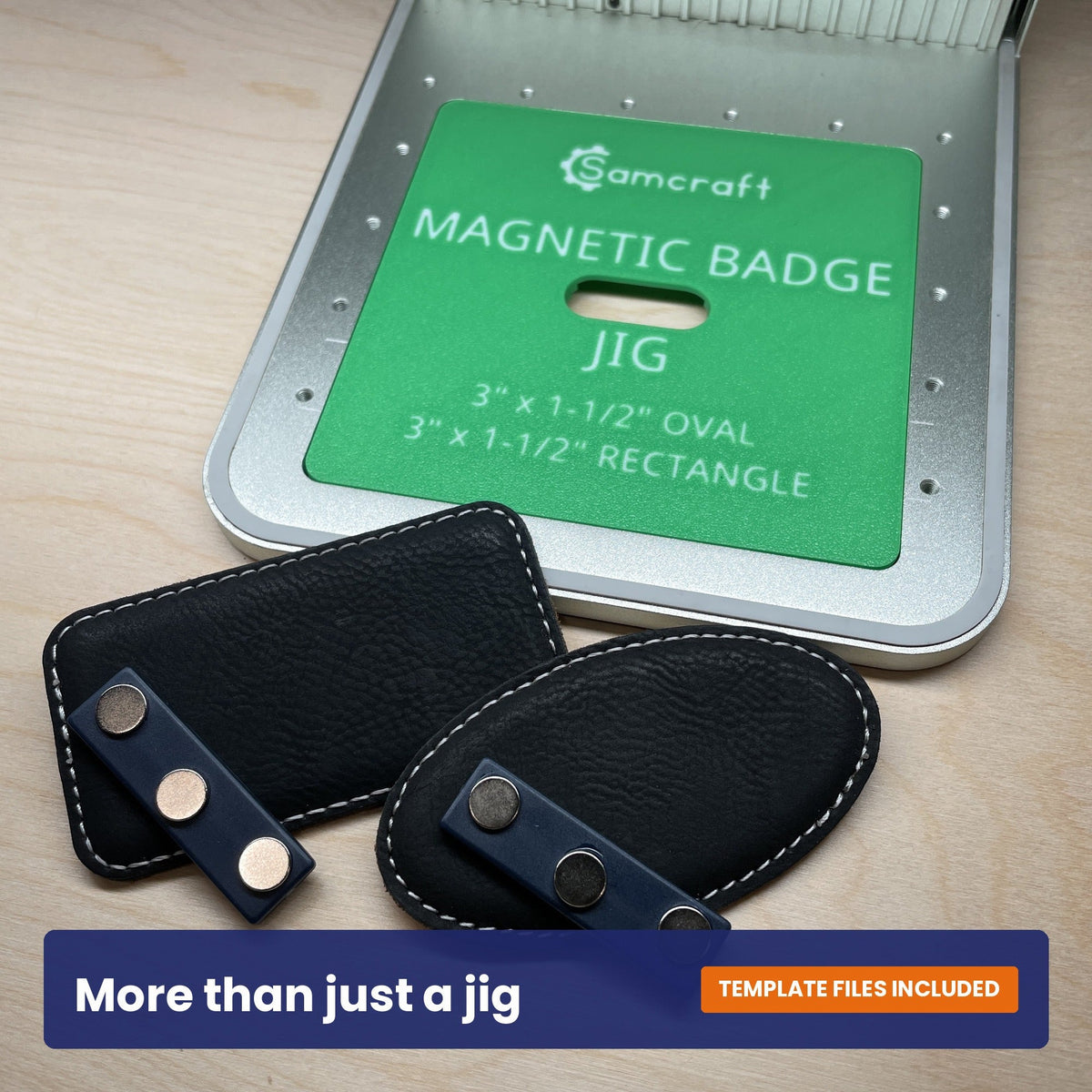 Samcraft magnetic badge jig shown beside leatherette badges with their magnetic backs visible.