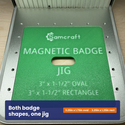 Face of the Samcraft magnetic badge jig showing the Samcraft logo and both badge sizes.