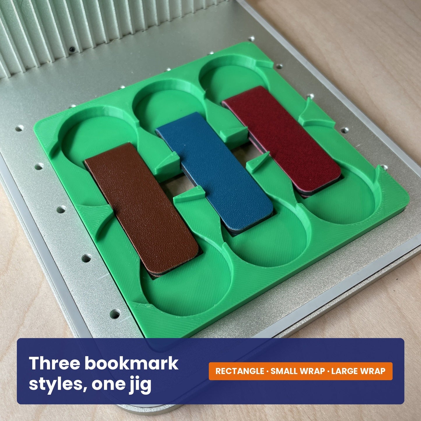 Magnetic bookmark jig showing the recesses for rectangle, small wrap and large wrap bookmark styles.