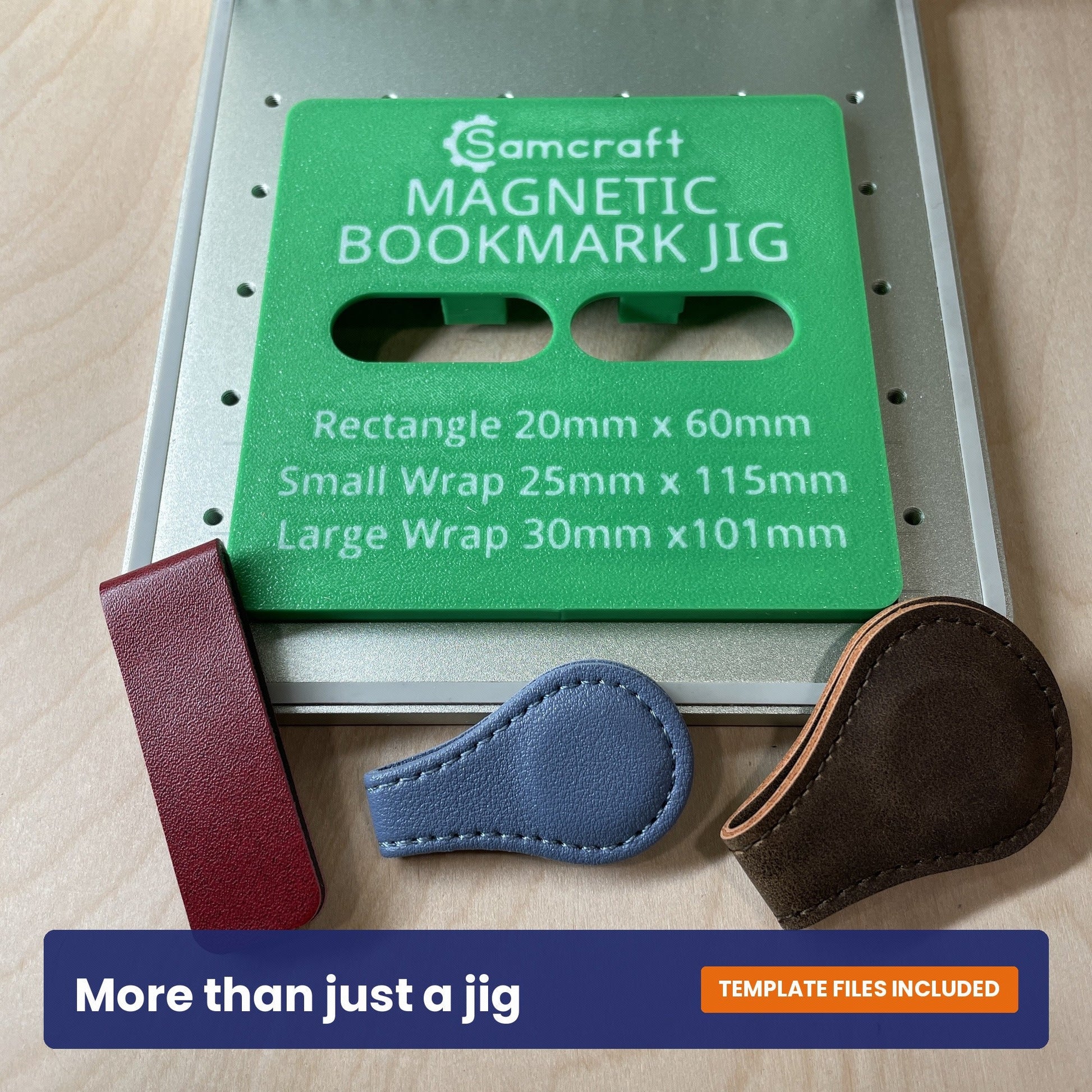 Back of the Samcraft magnetic bookmark jig showing the Samcraft logo and the bookmark styles it takes.