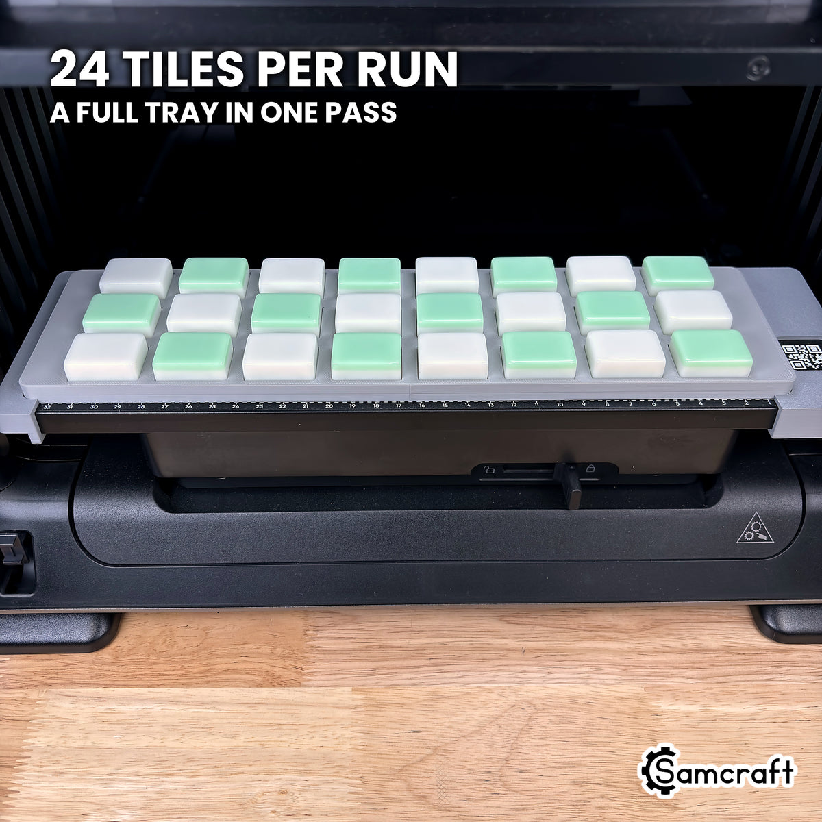 Front view of the Samcraft mahjong tile jig for the eufyMake E1 holding a full set of 24 blank tiles, a full tray in one pass.