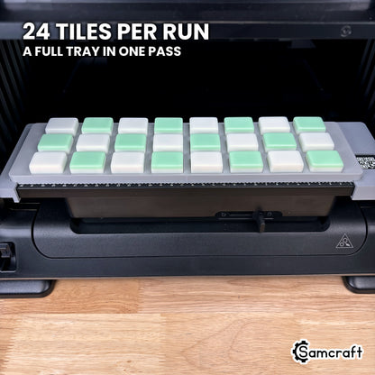 Front view of the Samcraft mahjong tile jig for the eufyMake E1 holding a full set of 24 blank tiles, a full tray in one pass.