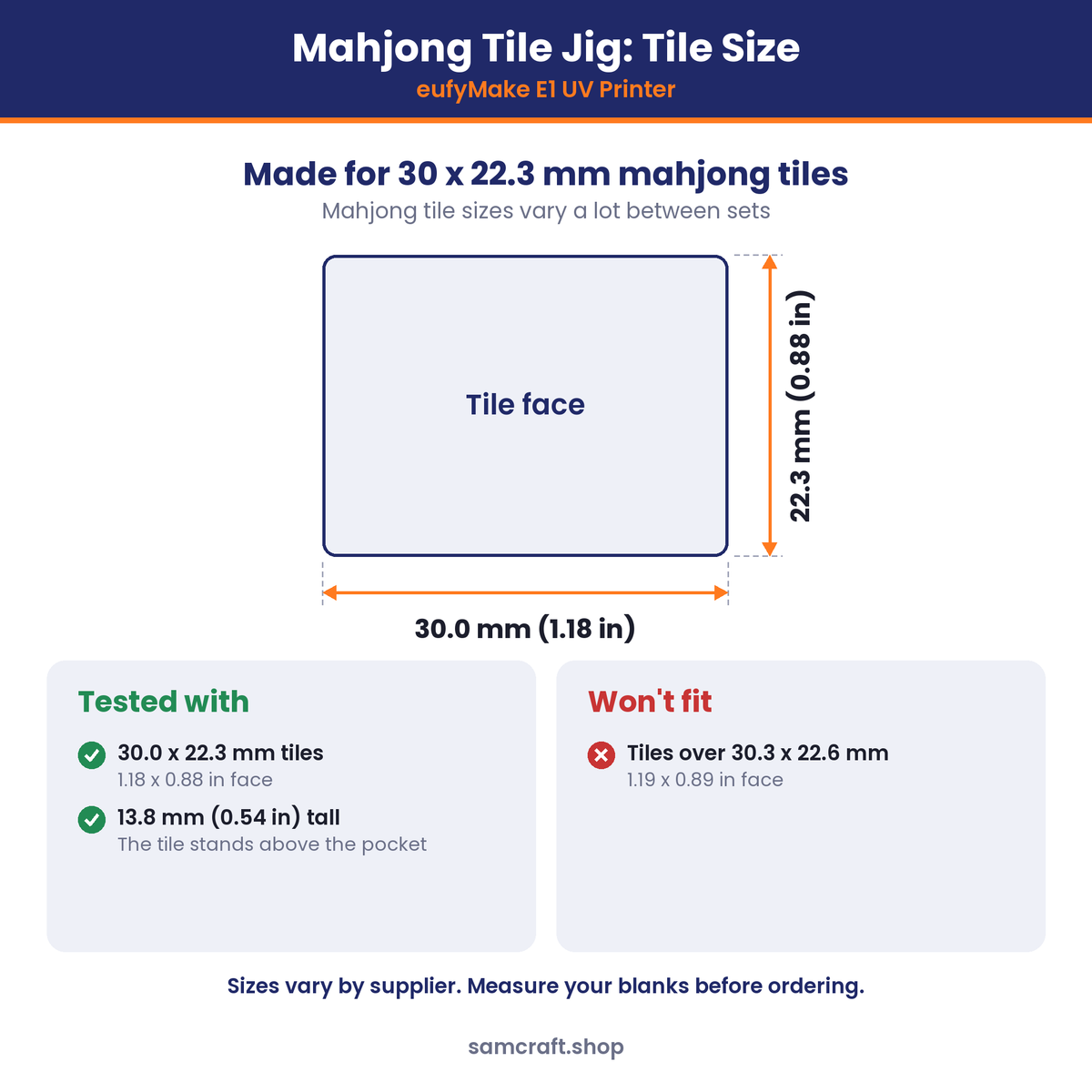 Tile size chart for the Samcraft mahjong tile jig for the eufyMake E1: tested with 30.0 x 22.3 mm mahjong tiles, 13.8 mm tall, which stand above the pocket. Tiles over 30.3 x 22.6 mm won't fit. Mahjong tile sizes vary between sets, so measure yours first.