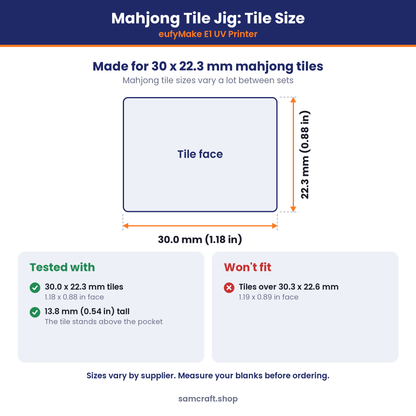 Tile size chart for the Samcraft mahjong tile jig for the eufyMake E1: tested with 30.0 x 22.3 mm mahjong tiles, 13.8 mm tall, which stand above the pocket. Tiles over 30.3 x 22.6 mm won't fit. Mahjong tile sizes vary between sets, so measure yours first.