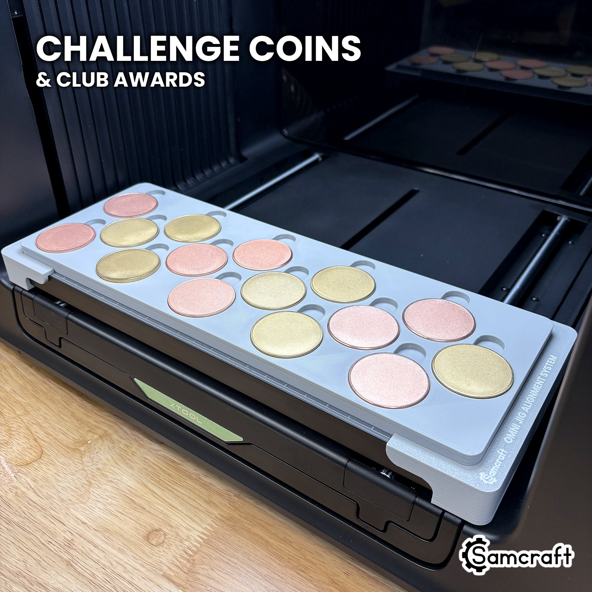 Samcraft xTool Omni 40mm metal coin jig filled with fifteen blank challenge coins, ready for challenge coin runs and club awards.