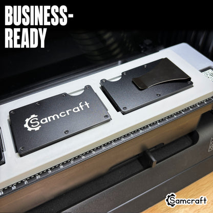 Metal wallet UV printed with the Samcraft logo next to a blank wallet in the Samcraft Metal Wallet Jig